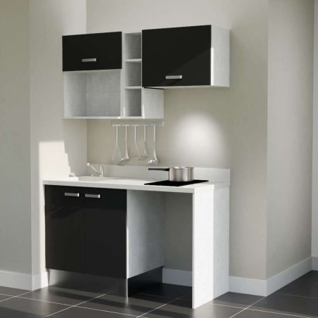Kitchenette noire K13L : 140 cm avec plan monobloc PlaniQuartz blanc et évier à gauche