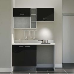 Kitchenette noire K13L : 140 cm avec plan monobloc PlaniQuartz blanc et évier à gauche