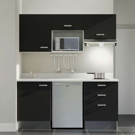 Kitchenette noire K20L : 180 cm avec plan monobloc PlaniQuartz blanc évier à gauche