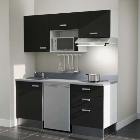 Kitchenette noire K20L : 180 cm avec plan monobloc PlaniQuartz gris évier à gauche
