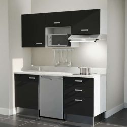 Kitchenette noire K20L : 180 cm avec plan monobloc PlaniQuartz blanc évier à gauche