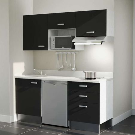 Kitchenette noire K20L : 180 cm avec plan monobloc PlaniQuartz blanc évier à gauche