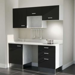 Kitchenette noire K20L : 180 cm avec plan monobloc PlaniQuartz blanc évier à gauche