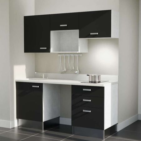 Kitchenette noire K20L : 180 cm avec plan monobloc PlaniQuartz blanc évier à gauche