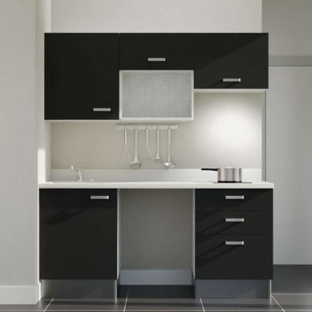 Kitchenette noire K20L : 180 cm avec plan monobloc PlaniQuartz blanc évier à gauche