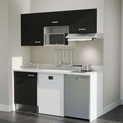 Kitchenette noire K55L : 180 cm avec plan monobloc PlaniQuartz blanc évier à gauche