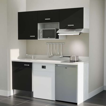 Kitchenette noire K55L : 180 cm avec plan monobloc PlaniQuartz blanc évier à gauche