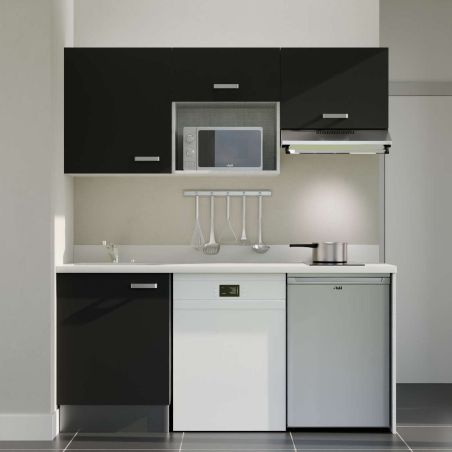 Kitchenette noire K55L : 180 cm avec plan monobloc PlaniQuartz blanc évier à gauche