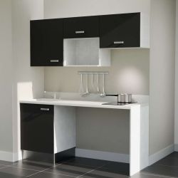Kitchenette noire K55L : 180 cm avec plan monobloc PlaniQuartz blanc évier à gauche