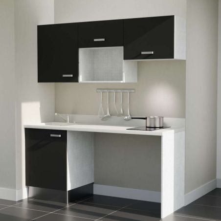 Kitchenette noire K55L : 180 cm avec plan monobloc PlaniQuartz blanc évier à gauche