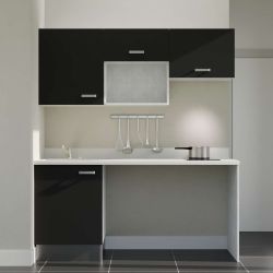 Kitchenette noire K55L : 180 cm avec plan monobloc PlaniQuartz blanc évier à gauche