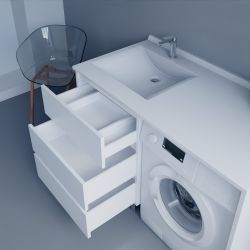 Meuble lave-linge KORA 124 cm blanc avec plan vasque déportée à gauche