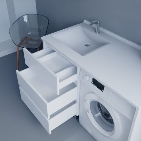 Meuble lave-linge KORA 124 cm blanc avec plan vasque déportée à gauche