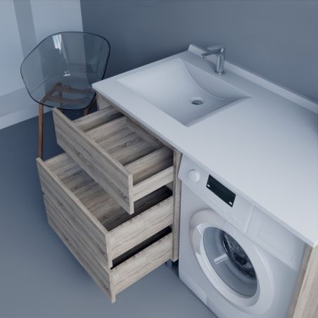 Meuble lave-linge KORA 124 cm coloris bois avec plan vasque déportée à gauche