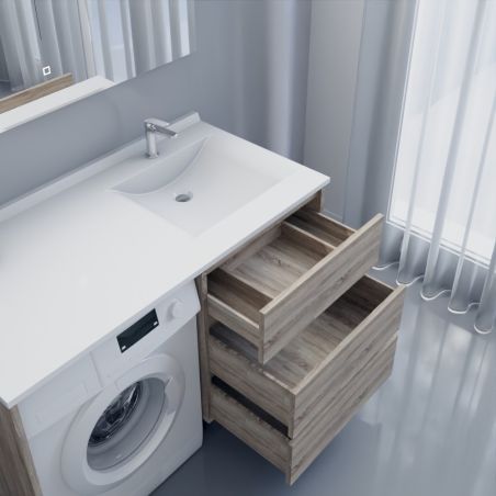 Meuble lave-linge coloris bois KORA 124 cm avec plan vasque déportée à droite + Miroir Elégance ht105