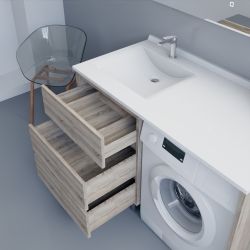 Meuble lave-linge coloris bois KORA 124 cm avec plan vasque déportée à gauche + Miroir Elégance ht105