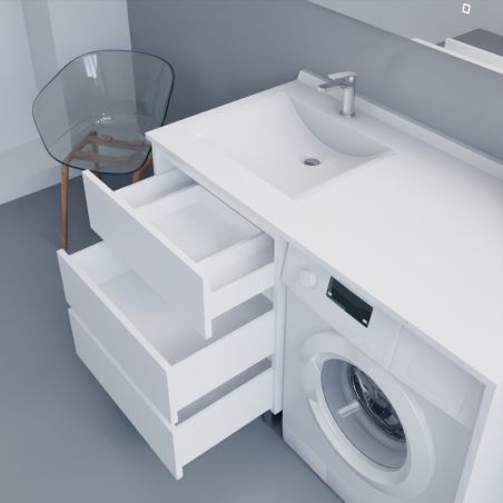 Meuble lave-linge blanc KORA 124 cm avec plan vasque déportée à gauche + Miroir Elégance ht105