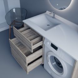 Meuble lave-linge KORA 124 cm coloris bois avec plan vasque déportée à gauche + Miroir rond