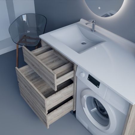 Meuble lave-linge KORA 124 cm coloris bois avec plan vasque déportée à gauche + Miroir rond