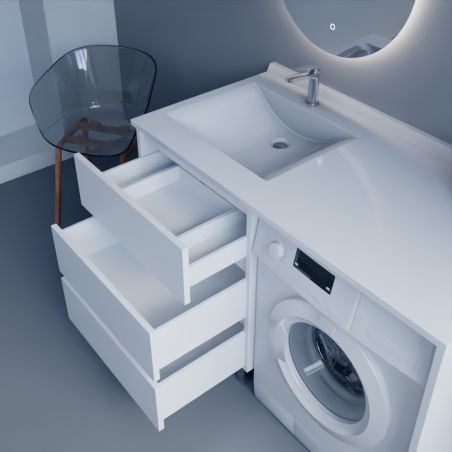 Meuble lave-linge KORA 124 cm blanc avec plan vasque déportée à gauche + Miroir rond