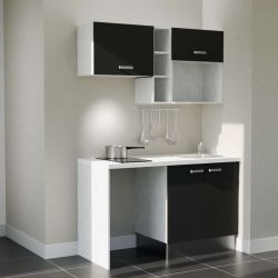Kitchenette 140 cm modèle K13L-PT - façades noires, plan de travail blanc, évier inox