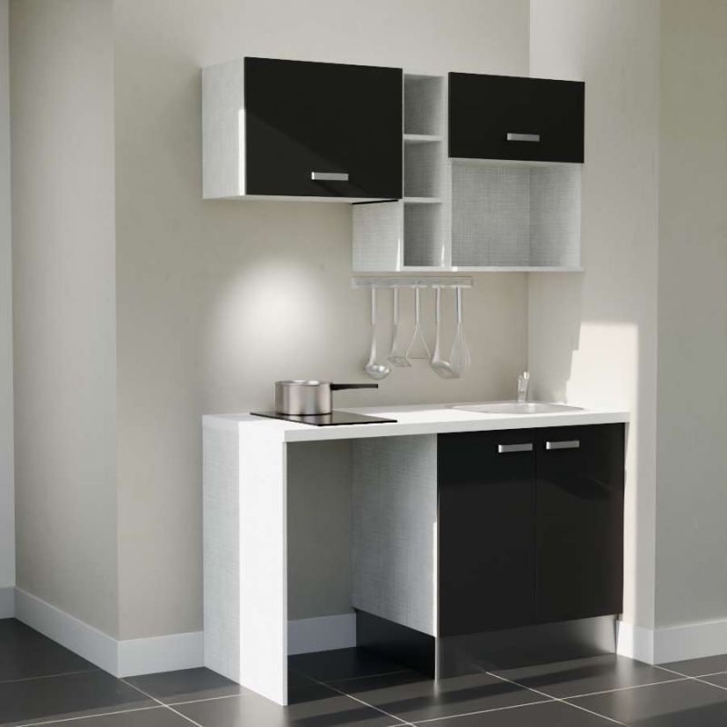 Kitchenette 140 cm modèle K13L-PT - façades noires, plan de travail blanc, évier inox Kitchenette 140 cm modèle K13L-PT - façades noires, plan de travail blanc, évier inox