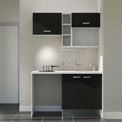 Kitchenette 140 cm modèle K13L-PT - façades noires, plan de travail blanc, évier inox