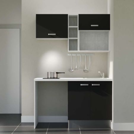 Kitchenette 140 cm modèle K13L-PT - façades noires, plan de travail blanc, évier inox