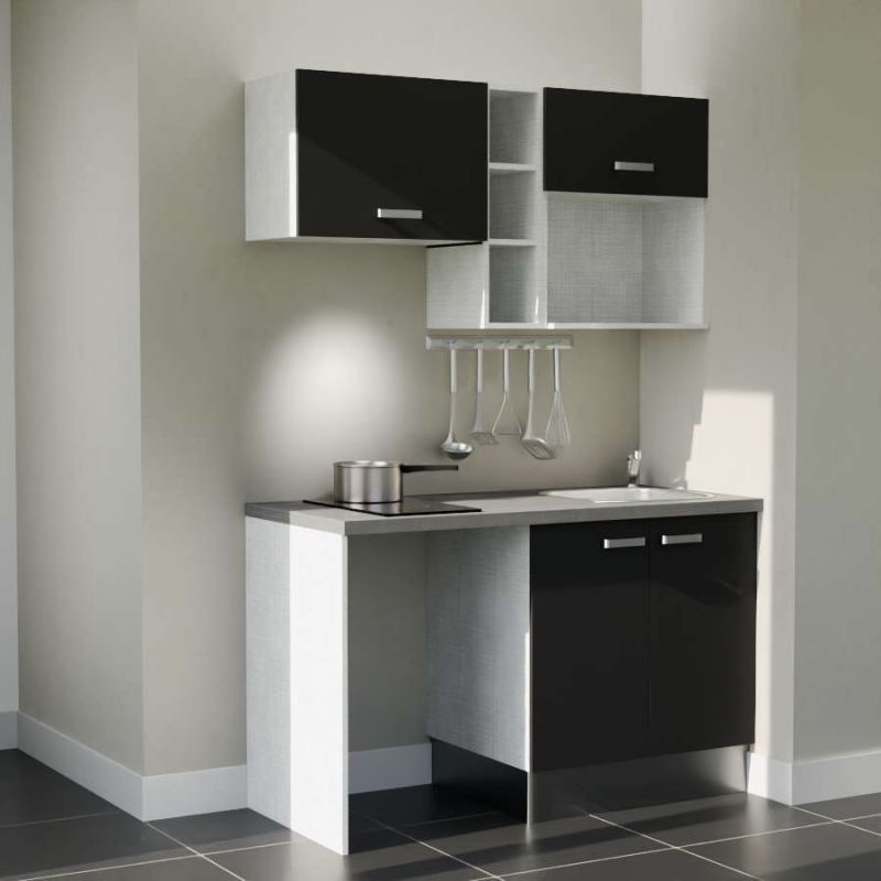 Kitchenette 140 cm modèle K13L-PT - façades noires, plan de travail gris, évier inox Kitchenette 140 cm modèle K13L-PT - façades noires, plan de travail gris, évier inox