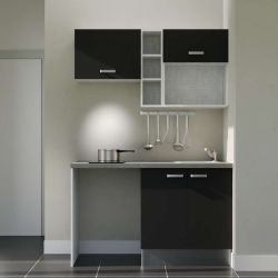 Kitchenette 140 cm modèle K13L-PT - façades noires, plan de travail gris, évier inox