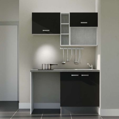 Kitchenette 140 cm modèle K13L-PT - façades noires, plan de travail gris, évier inox