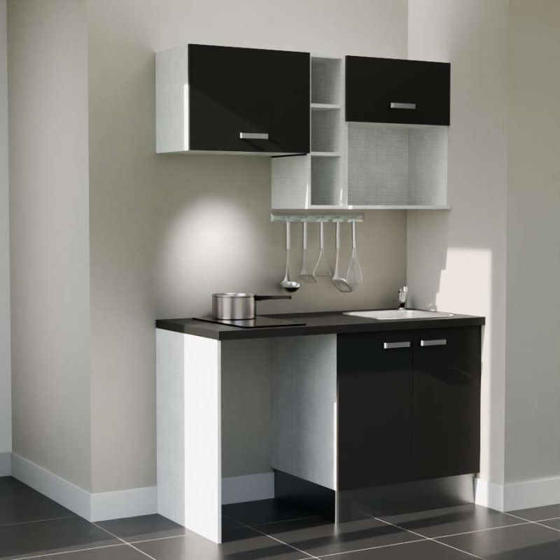 Kitchenette 140 cm modèle K13L-PT - façades noires, plan de travail noir, évier inox Kitchenette 140 cm modèle K13L-PT - façades noires, plan de travail noir, évier inox