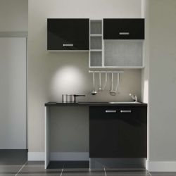Kitchenette 140 cm modèle K13L-PT - façades noires, plan de travail noir, évier inox