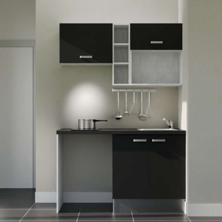 Kitchenette 140 cm modèle K13L-PT - façades noires, plan de travail noir, évier inox