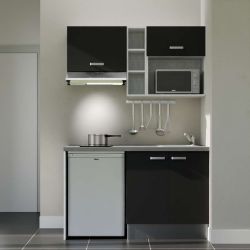 Kitchenette 140 cm modèle K13L-PT - façades noires, plan de travail gris, évier inox