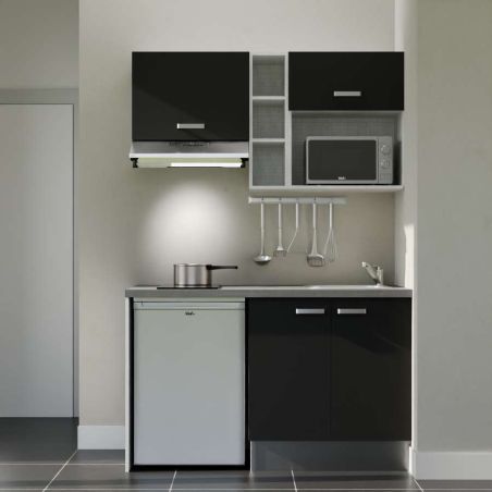 Kitchenette 140 cm modèle K13L-PT - façades noires, plan de travail gris, évier inox