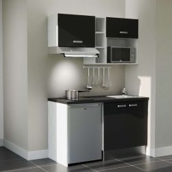 Kitchenette 140 cm modèle K13L-PT - façades noires, plan de travail noir, évier inox