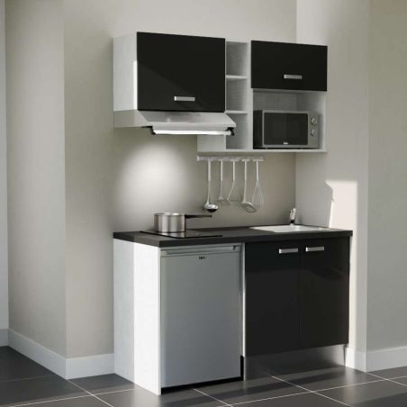 Kitchenette 140 cm modèle K13L-PT - façades noires, plan de travail noir, évier inox