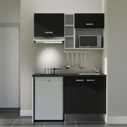 Kitchenette 140 cm modèle K13L-PT - façades noires, plan de travail noir, évier inox