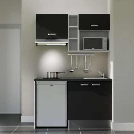 Kitchenette 140 cm modèle K13L-PT - façades noires, plan de travail noir, évier inox