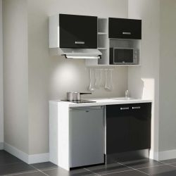 Kitchenette 140 cm modèle K13L-PT - façades noires, plan de travail blanc, évier inox