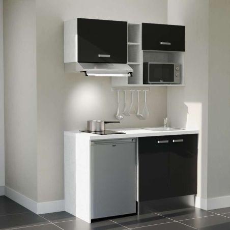 Kitchenette 140 cm modèle K13L-PT - façades noires, plan de travail blanc, évier inox