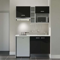 Kitchenette 140 cm modèle K13L-PT - façades noires, plan de travail blanc, évier inox