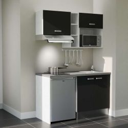 Kitchenette 140 cm modèle K13L-PT - façades noires, plan de travail gris, évier inox