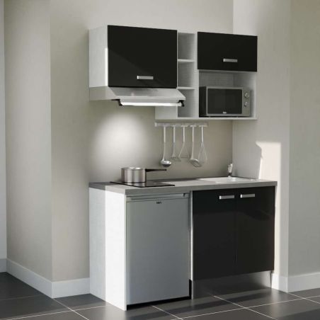 Kitchenette 140 cm modèle K13L-PT - façades noires, plan de travail gris, évier inox
