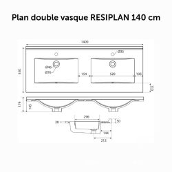 Dimensions du plan double vasque en résine RESIPLAN - 140 x 55 cm 