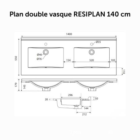 Dimensions du plan double vasque en résine RESIPLAN - 140 x 55 cm 