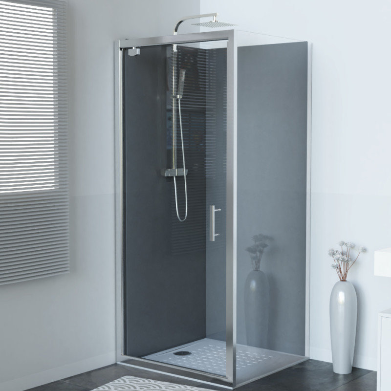 Paroi de douche d'angle porte pivotante 90 x 90 cm NERINA - Profilé chromé - Verre 6 mm Paroi de douche d'angle porte pivotante 90 x 90 cm NERINA - Profilé chromé - Verre 6 mm