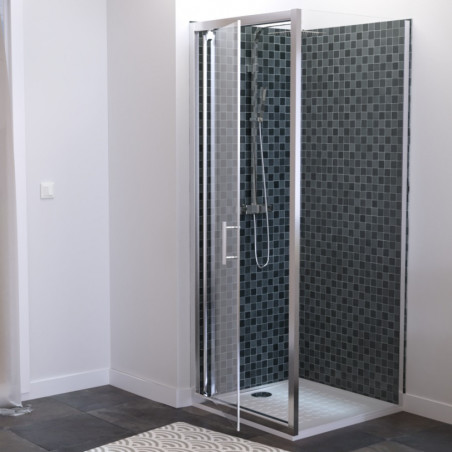 Paroi de douche d'angle porte pivotante 90 x 90 cm NERINA - Profilé chromé - Verre 6 mm