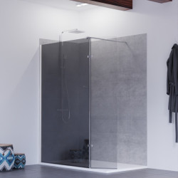 Paroi de douche fixe effet miroir fumé avec volet pivotant PSYCHE - Profilé chromé - Verre 8 mm